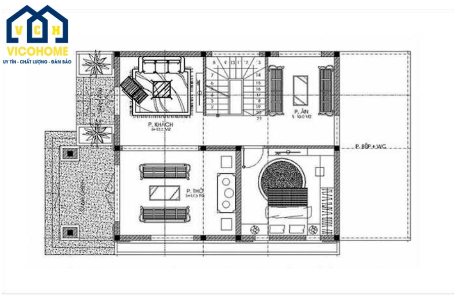 Bản vẽ thiết kế nhà 2 tầng 4 phòng ngủ 80m2 tầng 2